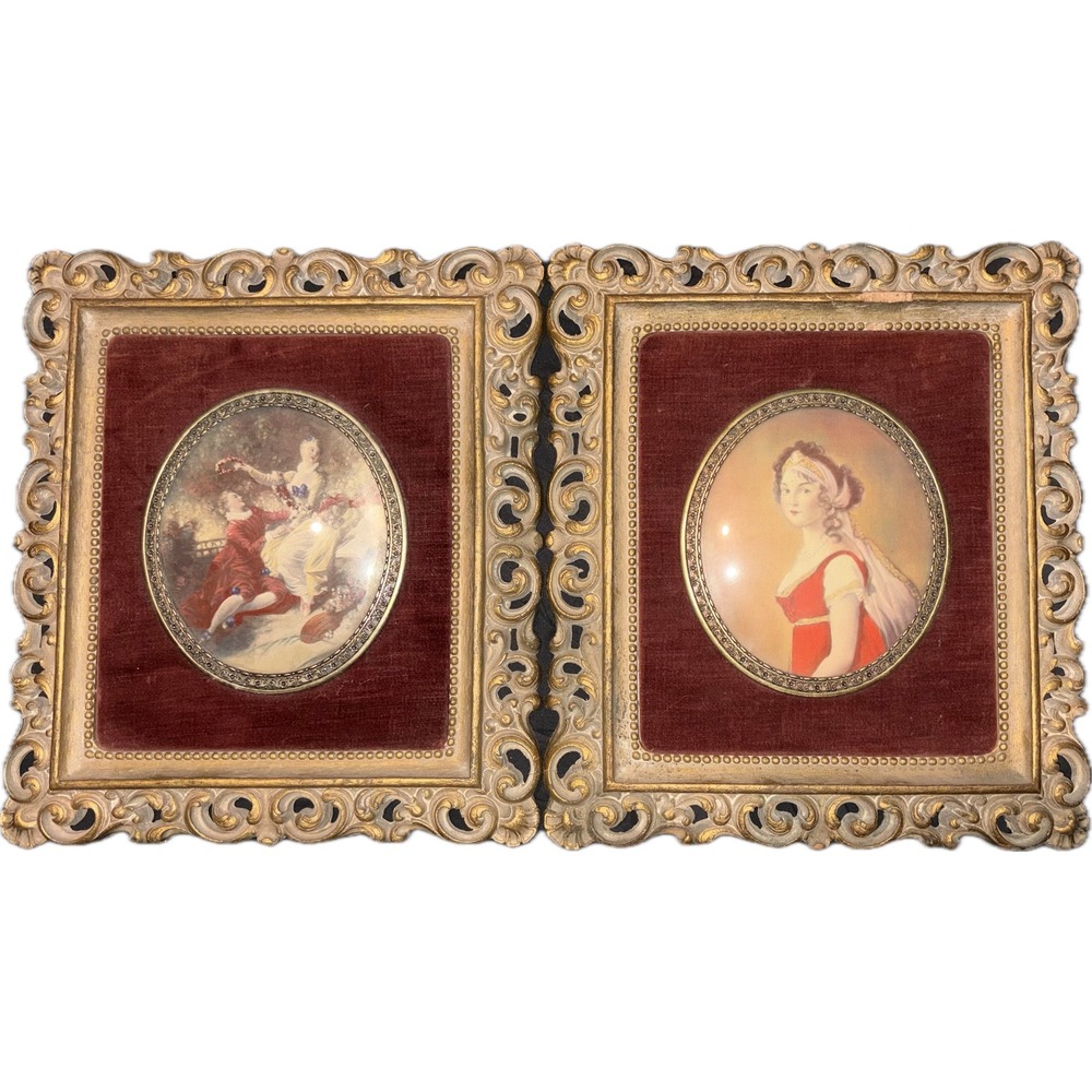 Cameo Creation Hollywood Regency Portrait Pair Gold Velvet 12x10.75 Vintage Art